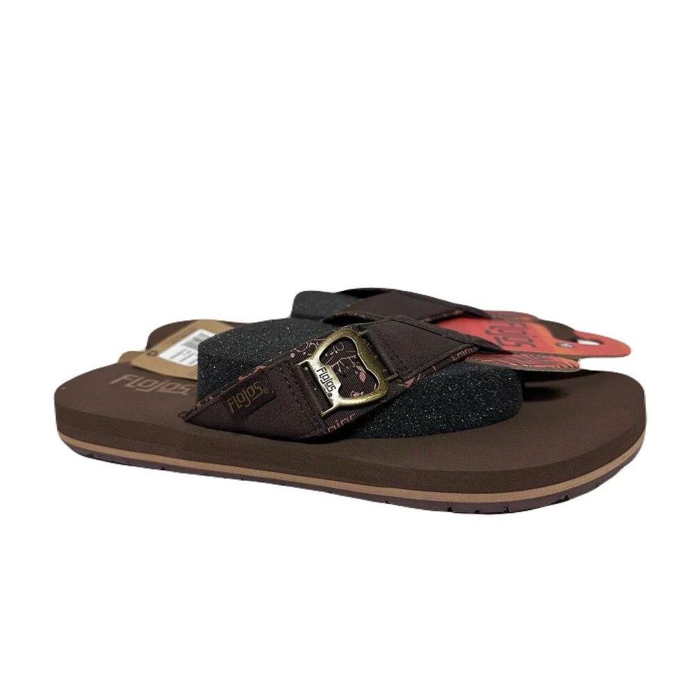 NEW Flojos Mens Size 10 Estiler Lite Bottle Opener Brown Faux Leather Flip Flops